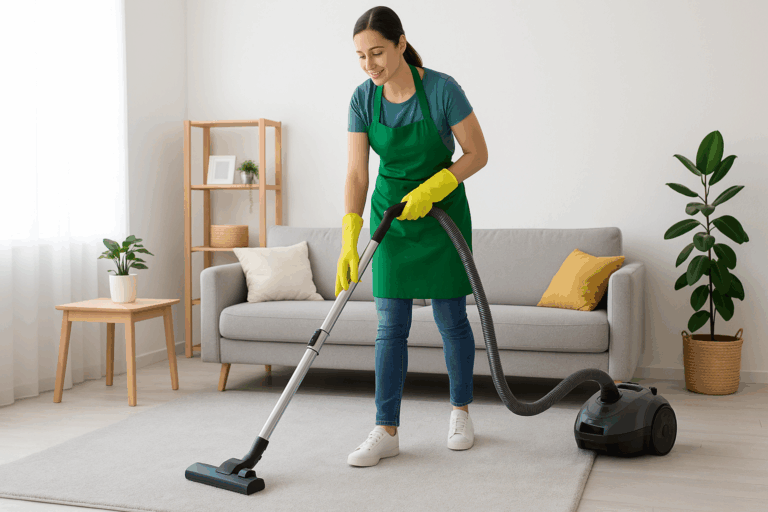 Professional cleaner vacuuming a living room during a regular weekly home cleaning session.