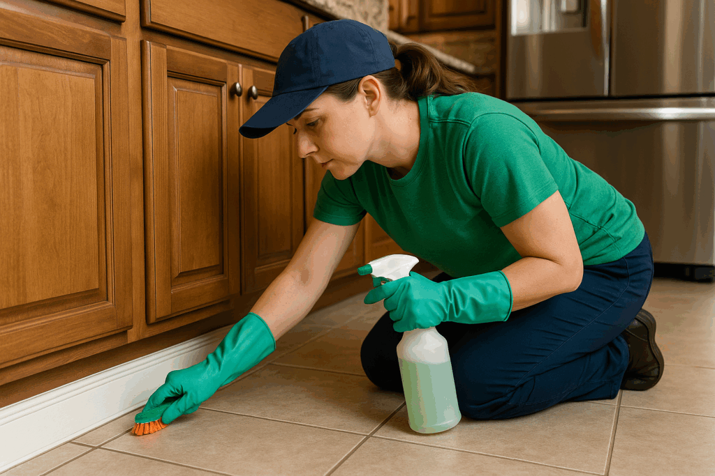 Deep cleaning expert scrubbing kitchen grout and baseboards with eco-friendly products.