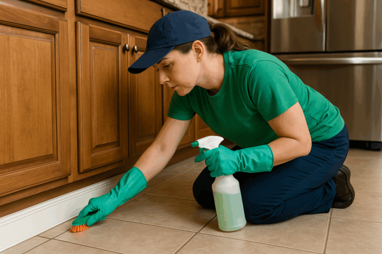 Deep cleaning expert scrubbing kitchen grout and baseboards with eco-friendly products.