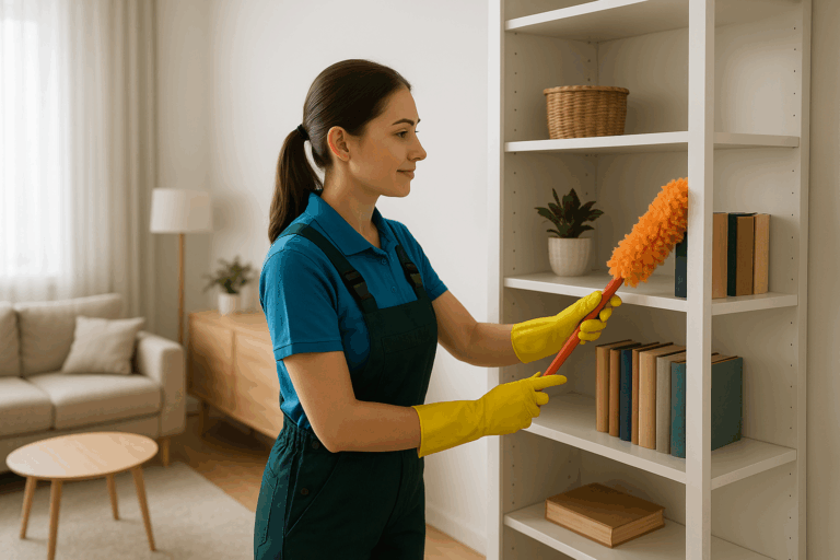 Cleaning attendant dusting a bookshelf in a spotless living room.