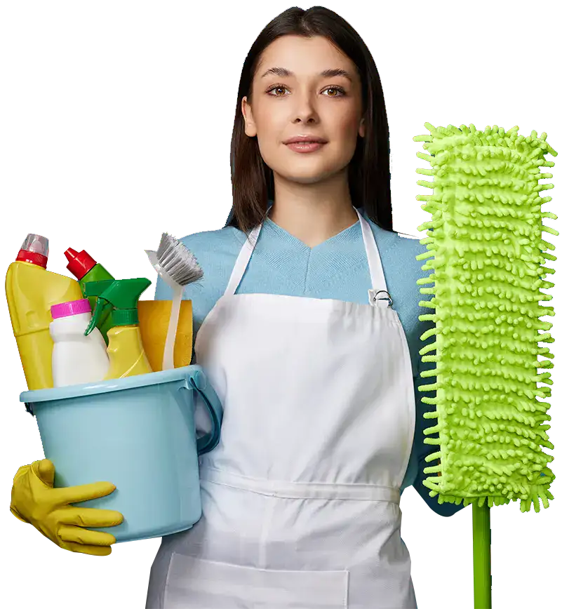 A woman holding a cleaning items with transparent background.
